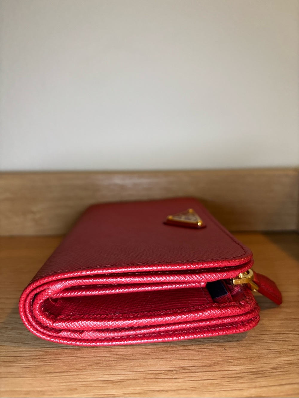 Prada Red Saffiano Compact Wallet with Gold Triangle Logo - Picture 5 of 11